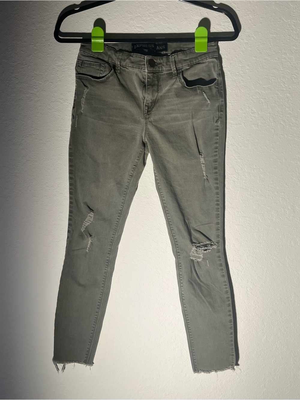 Express Olive Gray Skinny Jeans with Distressed Knees